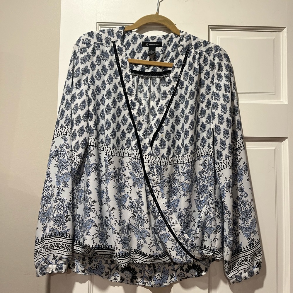 INC Faux Wrap Blue Print Blouse
